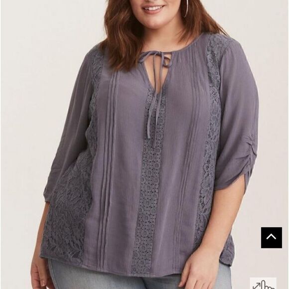 Torrid Grey Gauze Lace Inset Tie Front Blouse - Picture 2 of 5